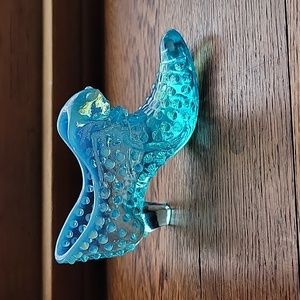 Fenton Light Blue Opalescent Glass Hobnail Slipper Shoe Cat Head VTG Collectible